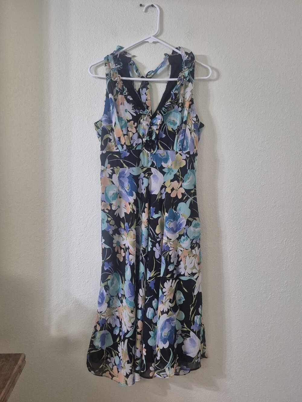 Scarlett Black Floral V-Neck Midi Dress with Teal and Peach Accents